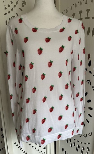 J. Crew Damen Pullover Teddie weiß Erdbeermuster dünnes Set Oberteil Gr. M weich - Bild 3 von 12