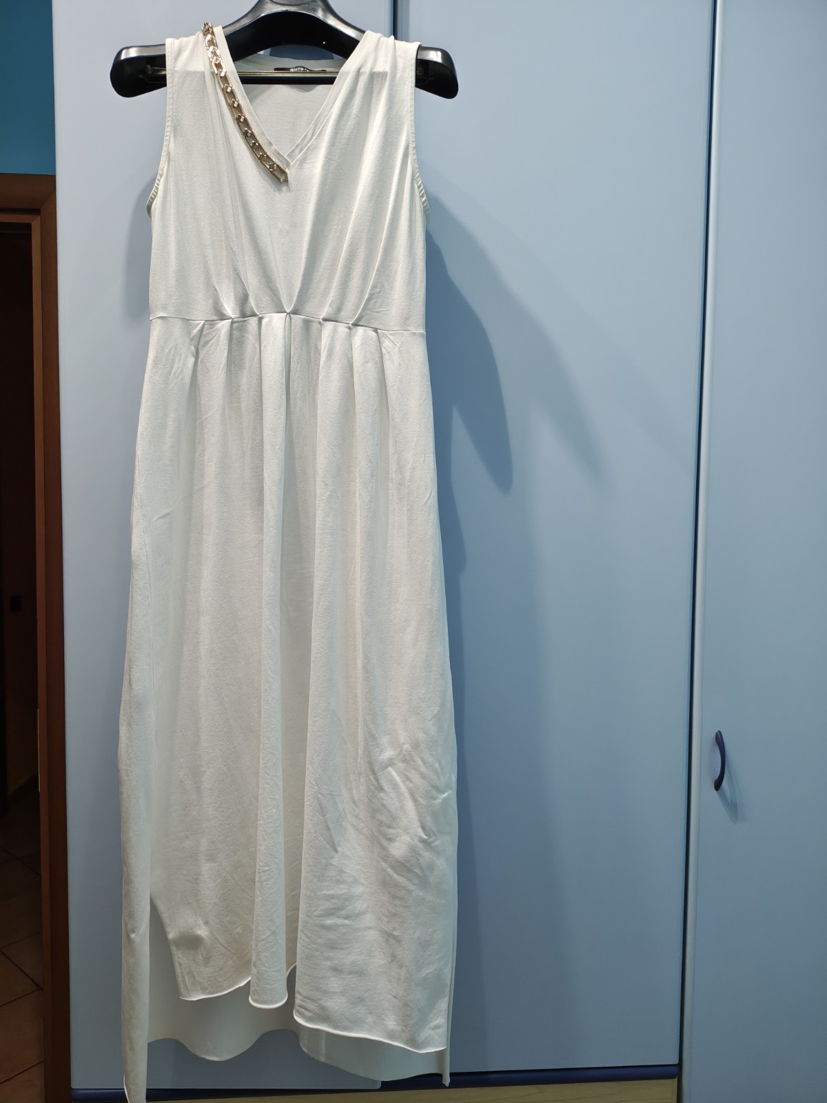 Siste’s Vestito longuette bianco tg S/M scollo a V senza maniche jersey catena.