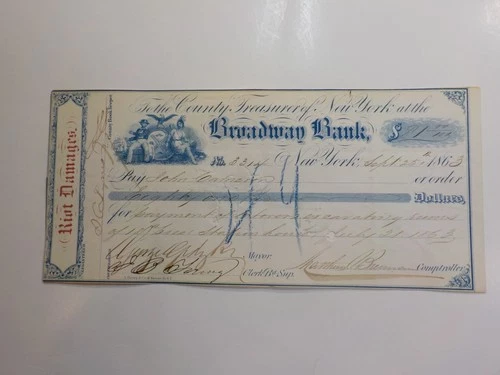 Civil War Check 1863 Irish Draft Riot Mayor New York City Signature Currency VTG