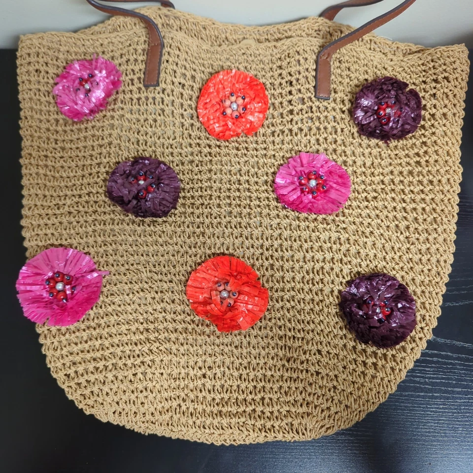 Jessica Simpson St. Pete Straw Tote Floral Pink Beach Beach Vacation Used - Image 2 of 4