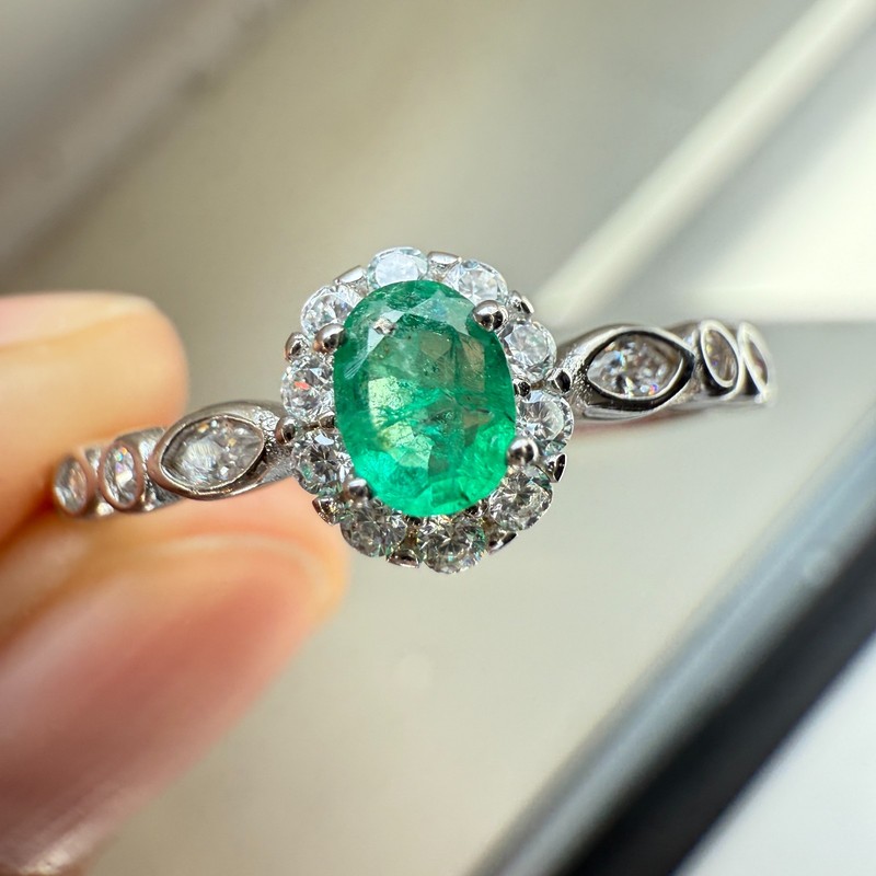 925 Sterling Silver Ring 5x4mm Natural Emerald Gemstone Zircon Handmade Flower