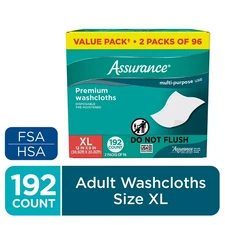 Assurance Premium Disposable Washcloths Pre-Moistened Body Wipes, XL,  192 Count