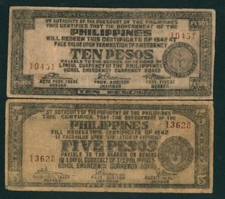(2 NOTES) 10 5 Pesos 1942 Bohol Treasury Emergency Currency Philippines