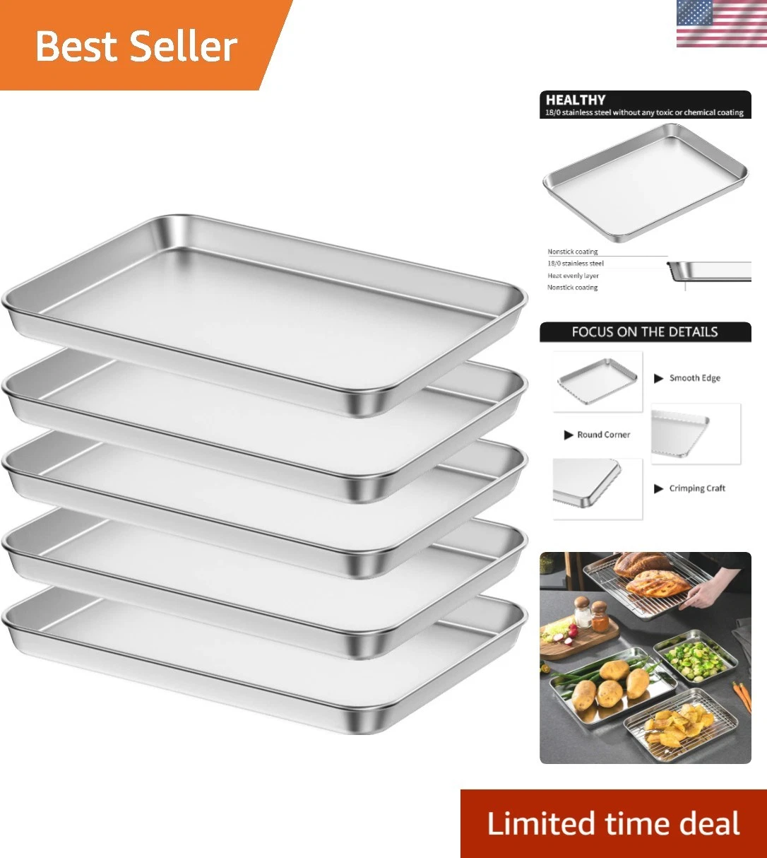 Luxury Baking Sheet Set of 5 - 18" Stainless Steel with Mirror Finish & Hygienic