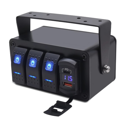 Pannello Interruttori Impermeabile 12V-24V Con Doppia USB 5V 4.8A E Display Tensione LED Per Barche, Camper E Yacht