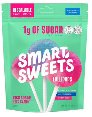 SmartSweets Lollipops, 3oz, Blue Raspberry & Watermelon Flavors, Hard Candy with