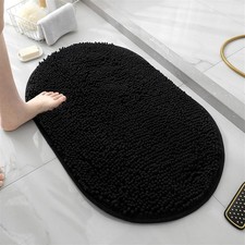 Black 1.3x2.0 Ft Chenille Oval Bathroom Rug Non Slip Absorbent Washable Mat