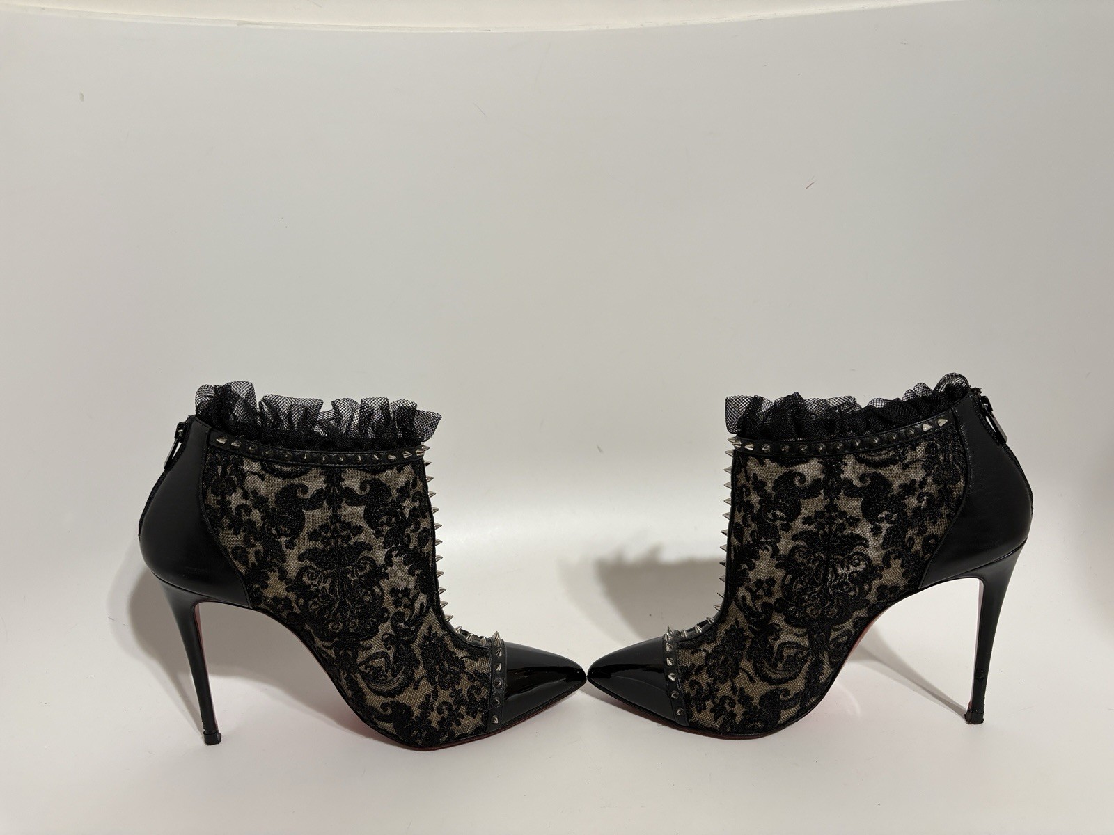 Vtg Christian Louboutin Black Leather Pigalla 100 Lace Boot Heels 38.5