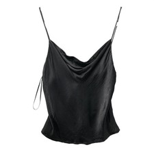 Zara Satin Cropped Cami Slip Top Womens S Black Cowl Neck Button Back Adjustable
