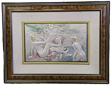 ITALIAN FRAMED 3D ARG 925 STERLING SILVER PAINTING RELIEF ART "THE BATHERS"