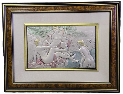 ITALIAN FRAMED 3D ARG 925 STERLING SILVER PAINTING RELIEF ART ''THE BATHERS''