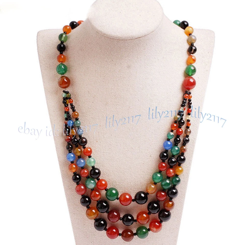 Collar 3 filas de piedras preciosas naturales jade 4-12 mm cuentas redondas en capas 18-20 pulgadas Foto 4 de 4