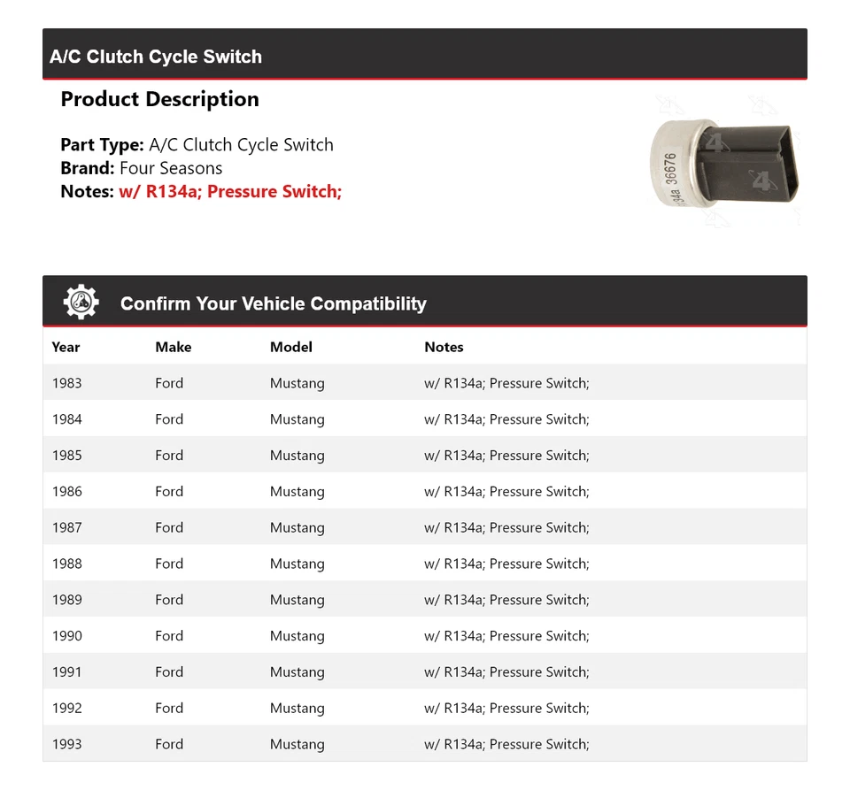 Interruptor de ciclo de embrague de aire acondicionado para Ford Mustang 1983-1993 4 estaciones 1984 1985 1986 1987 Foto 2 de 4