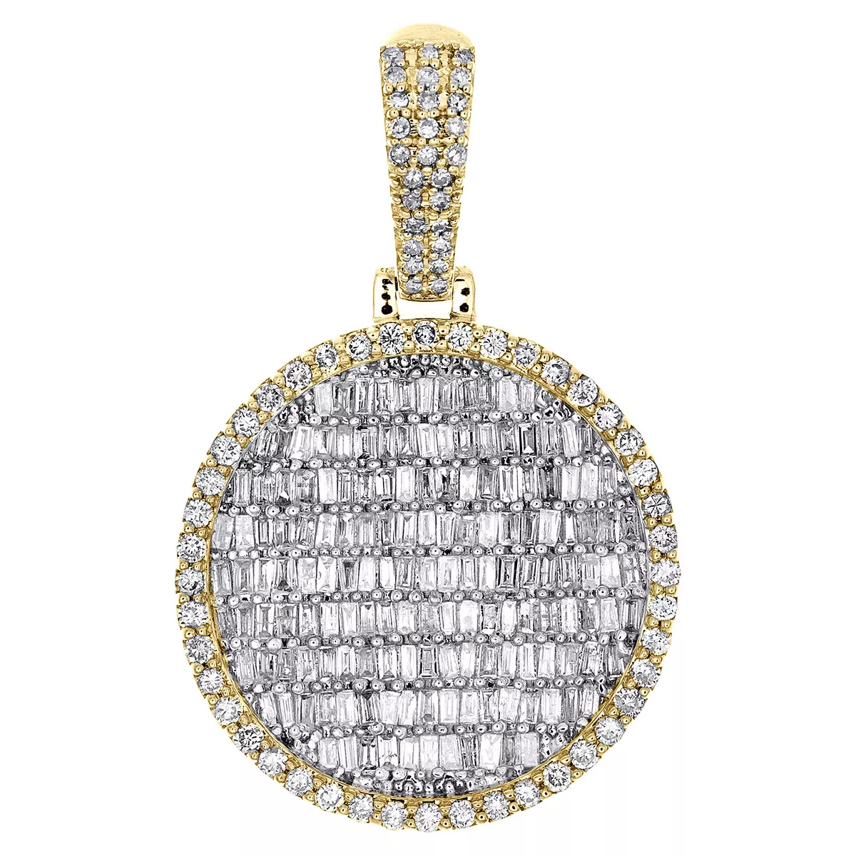 10K Yellow Gold Round Baguette Diamond Circle Medallion Pendant