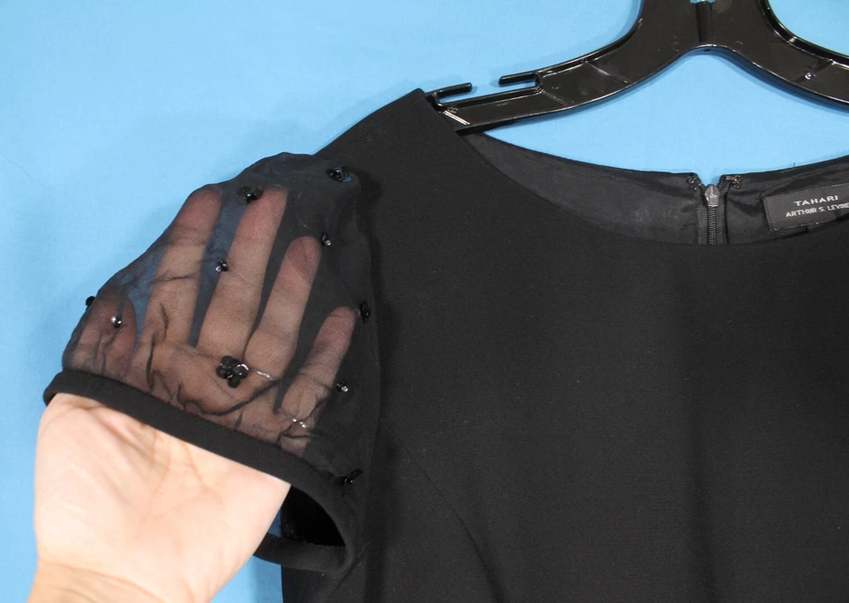 VESTIDO VAINA TAHARI Negro CREPE Transparente SEDA Y LENTEJUELAS MANGA GORRA Cremallera Espalda Talla 10 Foto 3 de 4