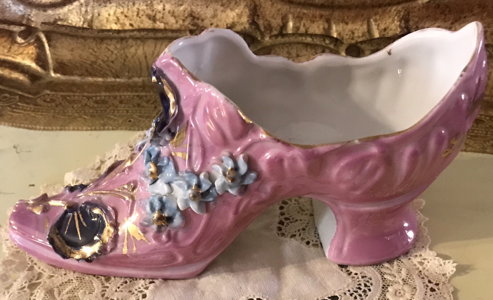 PANTOFOLA D’ORO PANTOFOLA VINTAGE PORCELLANA VITTORIANA rosa e oro Germania 15