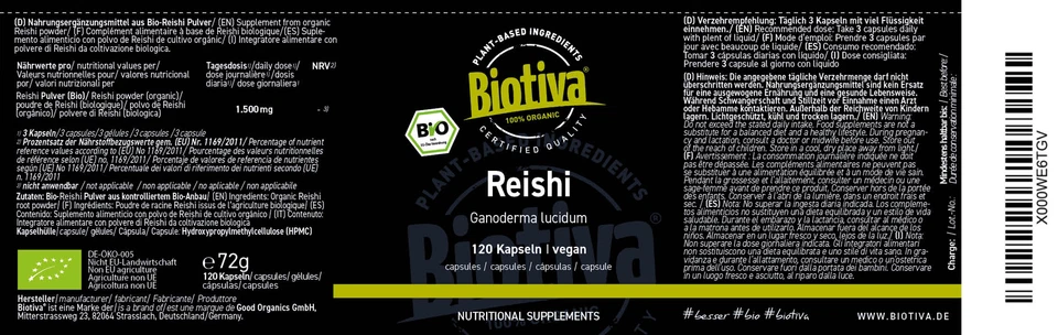 Reishi Bio (120 Kapseln) Vitalpilz Biotiva (222,08 EUR/kg) - Bild 2 von 4