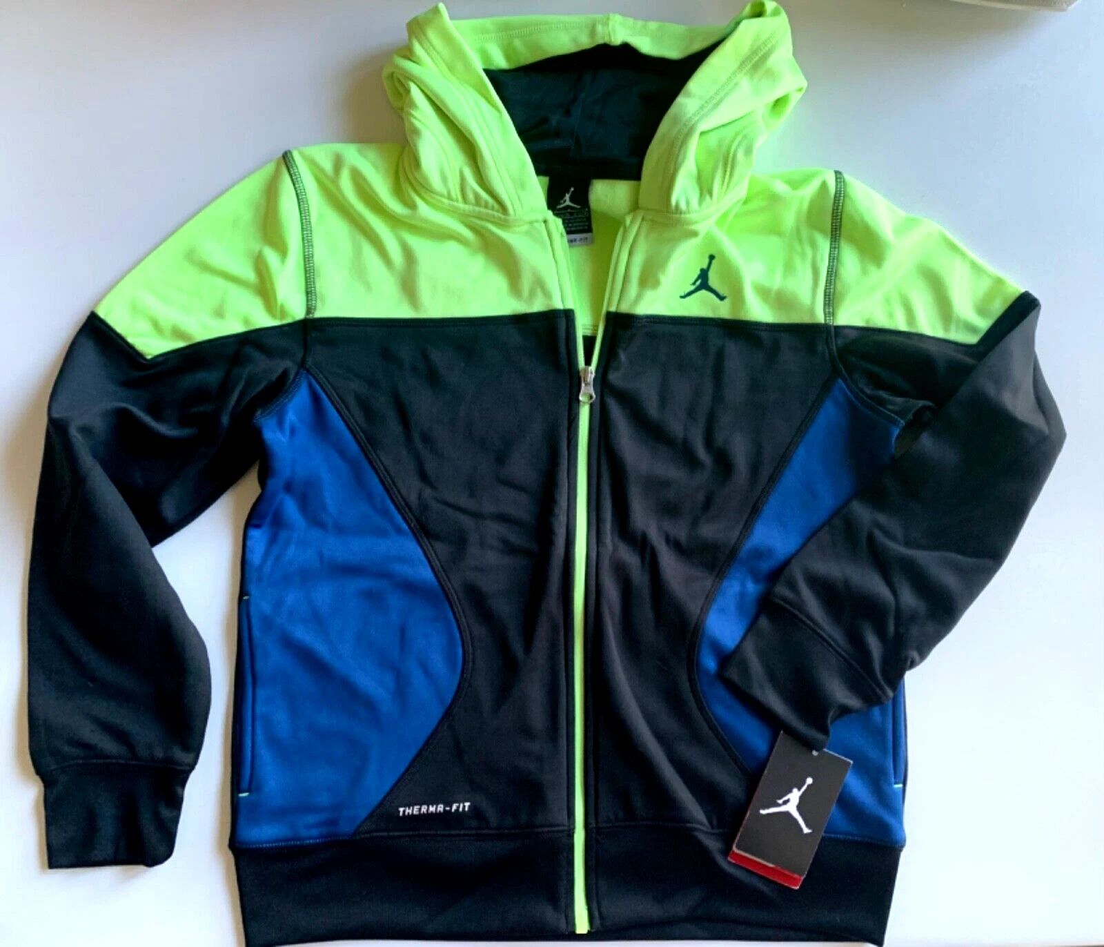 NIKE JUMPMAN Zip Hoodie Boys L NEON Zip-Front Green Black Blue THERMA Fleece NWT