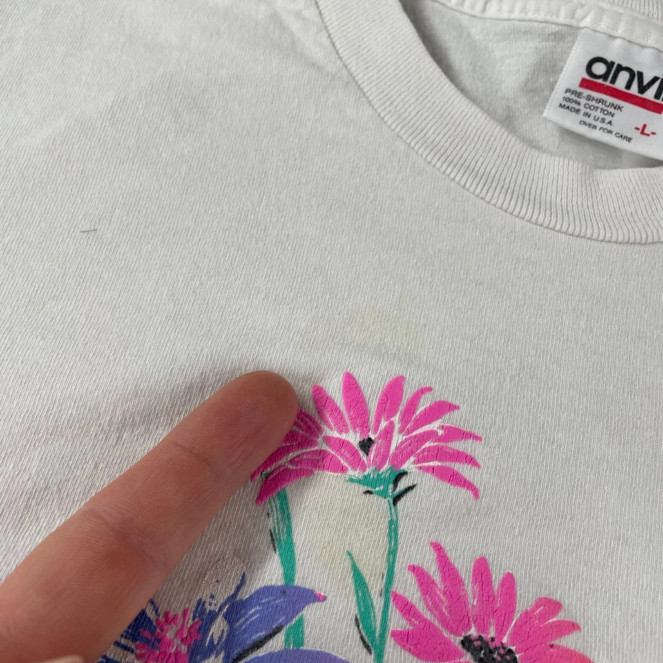 Vintage 90s Flower White T-shirt Single Stitch Graphic Colors L Nature Tee USA * - Image 4 of 4