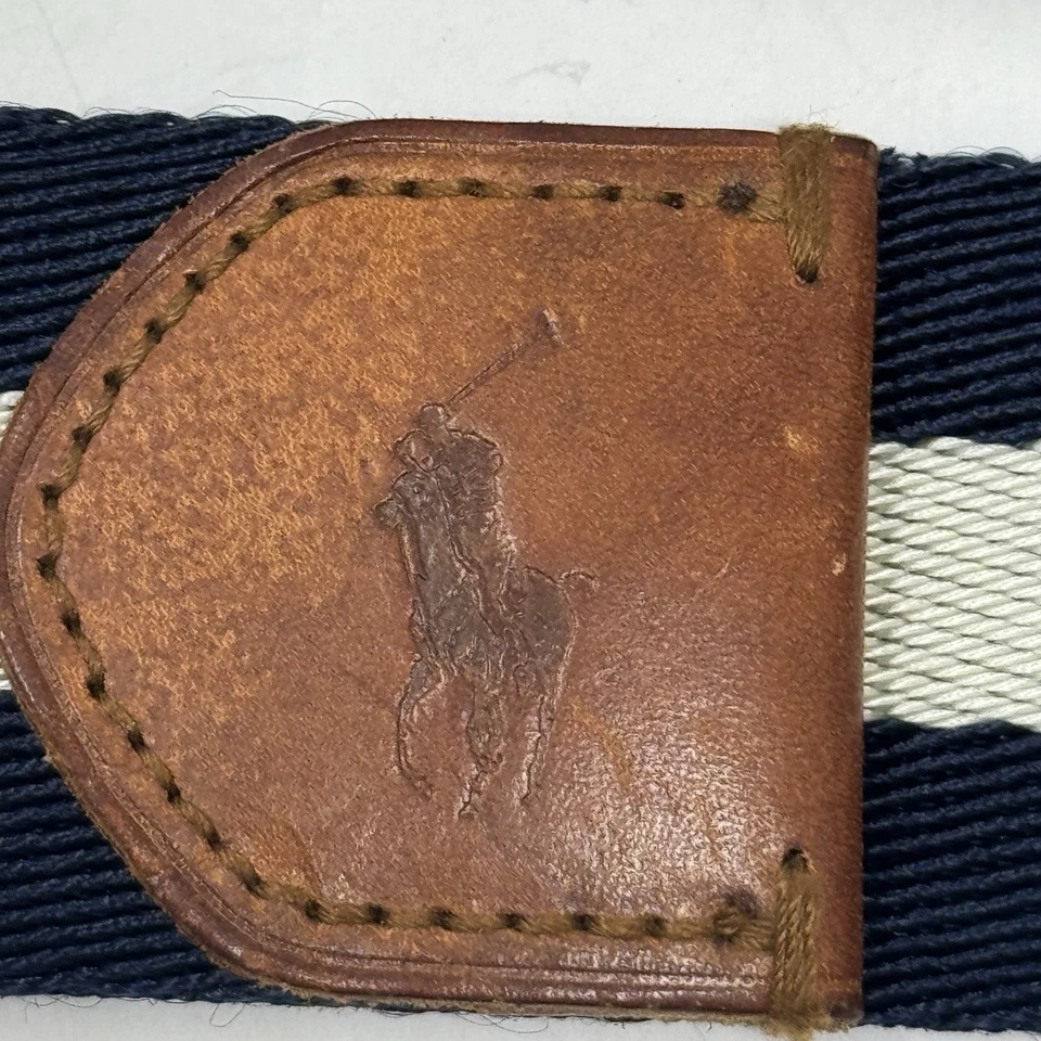 VTG Polo Ralph Lauren Blue White Striped Woven Belt Leather Accent Preppy 47” - Image 3 of 4