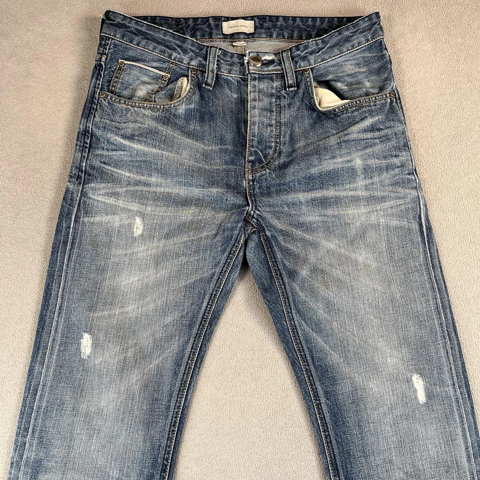 Jeans Jack & Jones Para Hombre 30x28 Azul Ribete Denim Recto Envejecido Etiqueta 32x32 Foto 3 de 4