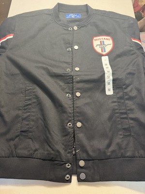 Ford Mustang Road Trip Mens M Black Bomber Jacket Snap Front Racing NEW