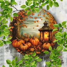 Autumn Lantern Pumpkin Round Metal Sign Halloween Seasonal