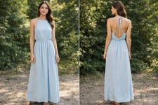 Show Me Your Mumu Blue Halter Maxi Dress Small Open Back Boho Flowy