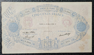 FRANCE FRANCIA BILLET DE 500 FRANCS BLEU ROSE 19 MARS 1936.