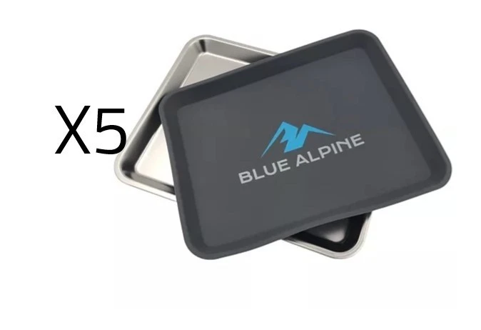 Lot of 5 Blue Alpine 13" x 18" Stainless Steel Trays + 5 Large Silicone Mats