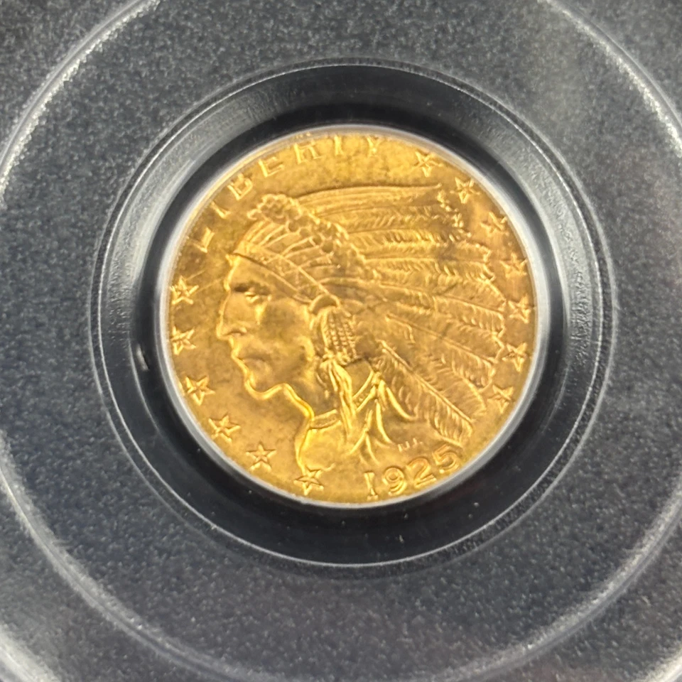 1925 D $2.5 Indian Head Quarter Eagle Gold Coin PCGS MS64 CAC Old Holder - Image 3 of 4