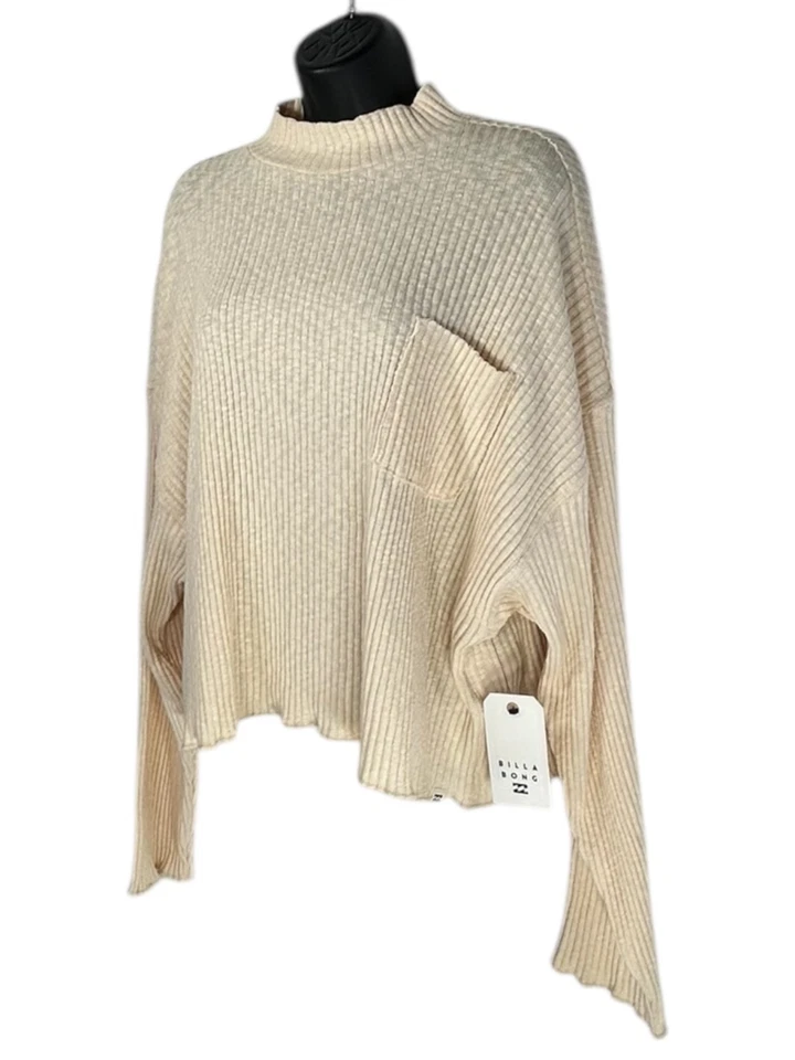 BILLABONG Saturdays Sweater Top Sz L Cream Mock Neck Rib Knit Cotton Blend Cozy - Image 4 of 4