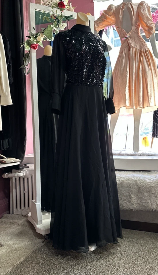 Vintage 60s 70s Formal Maxi Evening Hostess Dress Black Sequins Modest M/L - Image 4 of 4