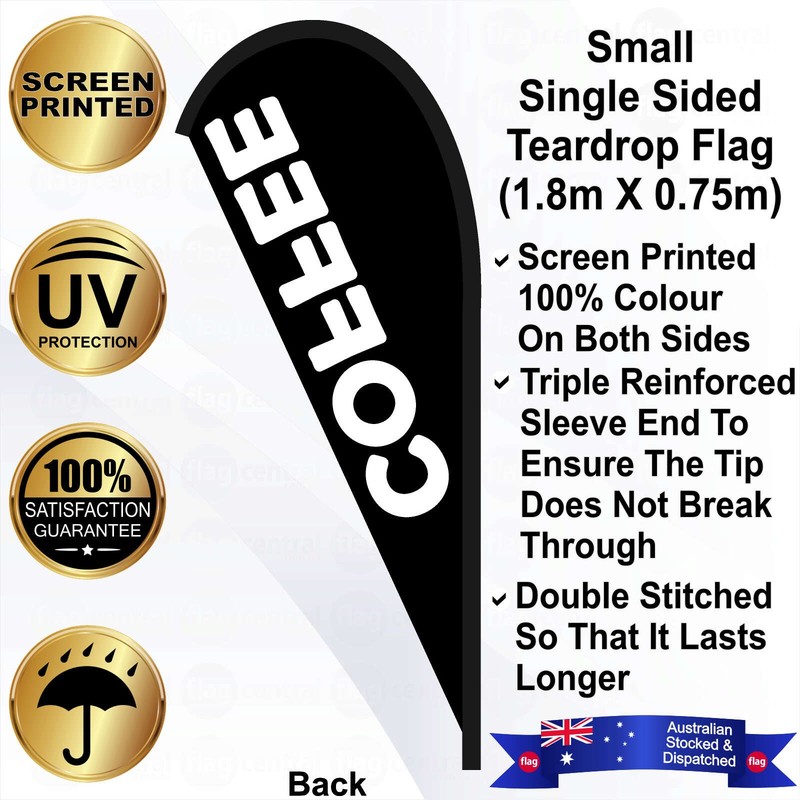 F - COFFEE Black 2.4m Teardrop Flag / Banner Kit with Pole Set, Galvanised Steel Ground Spike, Steel Outdoor Cross Base, Free 15kg Water Bag and a Free Carry Bag - 2