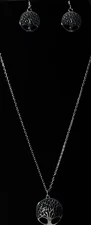 LADIES SILVER TONE ALLOY TREE OF LIFE EARRINGS AND PENDANT NECKLACE SET