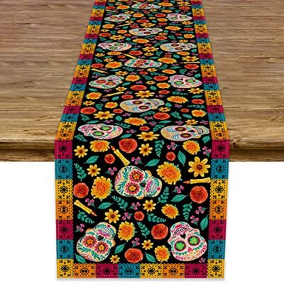 Dia De Los Muertos Table Runner Linen Mexican Sugar Skull Day of The Dead Alt...
