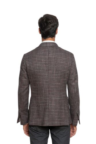 $2080 LUIGI BORRELLI Hand-Sewn Wine Gray Houndstooth Jacket Wool Silk - Picture 2 of 7