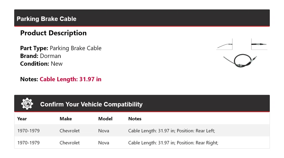 Cable de freno de estacionamiento para Chevrolet Nova Dorman 1970-1979 1971 1972 1973 1974 1975 Foto 2 de 4