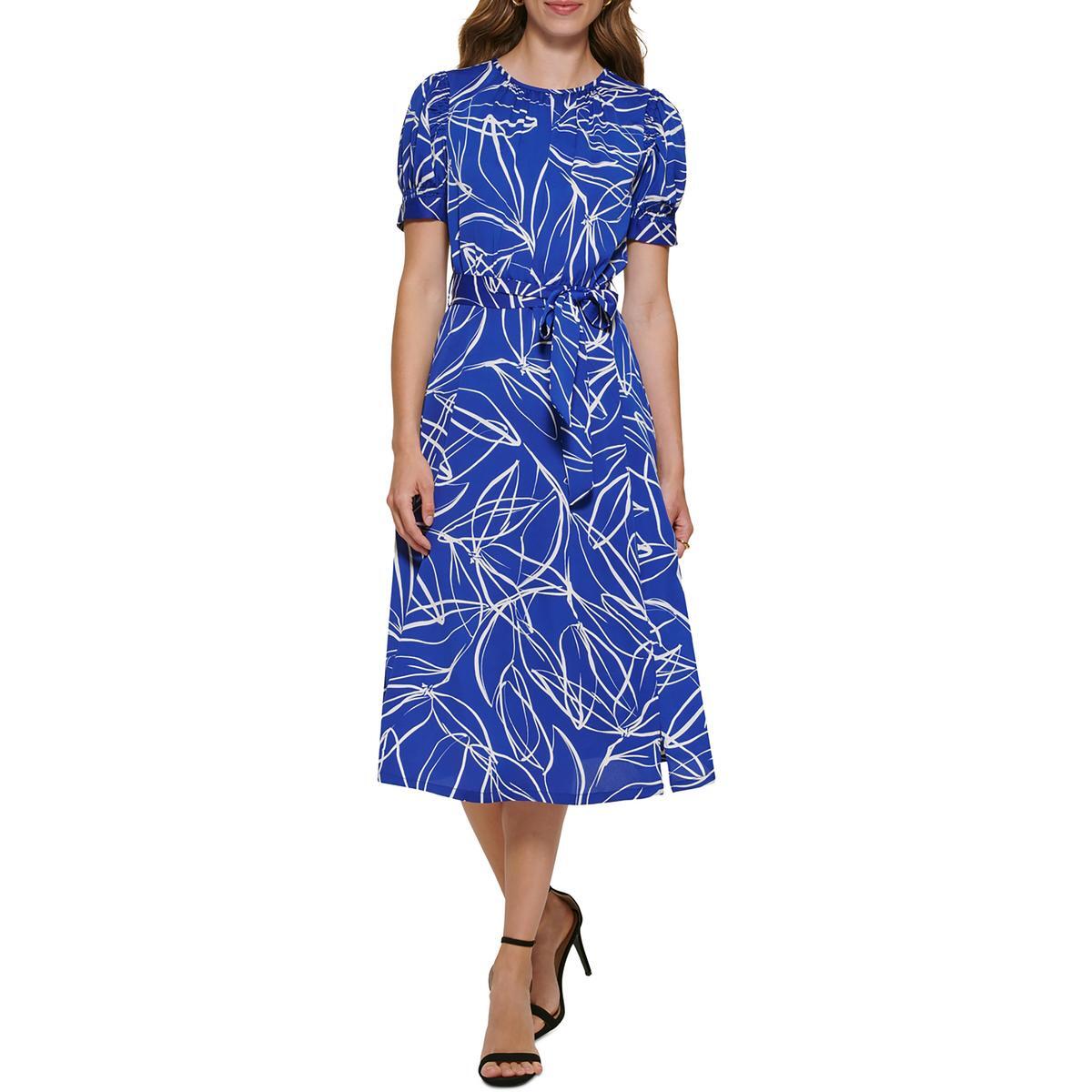 Женское синее дневное миди-платье с пышными рукавами и принтом DKNY 10 BHFO 7311