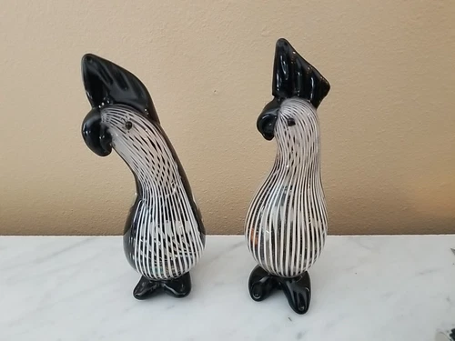 Vintage Glass Cockatiel Bird Murano Style Black White Black Paperweight Figurine