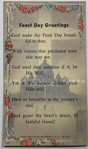Feast Day Greetings, Vintage 1954 Holy Devotional Prayer Card.