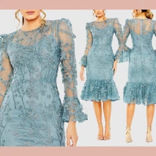 NWT MAC DUGGAL [ 4 ] 20431 Ruffle Wrist Embellished High Neck Midi Dress Q1076