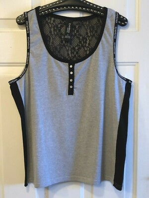 bebe Sleepwear Plus 3X Knit Top Tank Gray & Black, Logo, Back with Black Lace