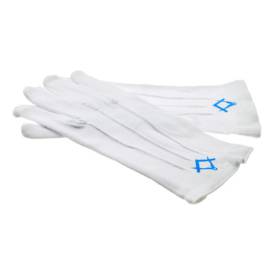 Weiße Baumwollhandschuhe mit hellblauem Freimaurer Kompass & Quadrat No G Design XLFG002