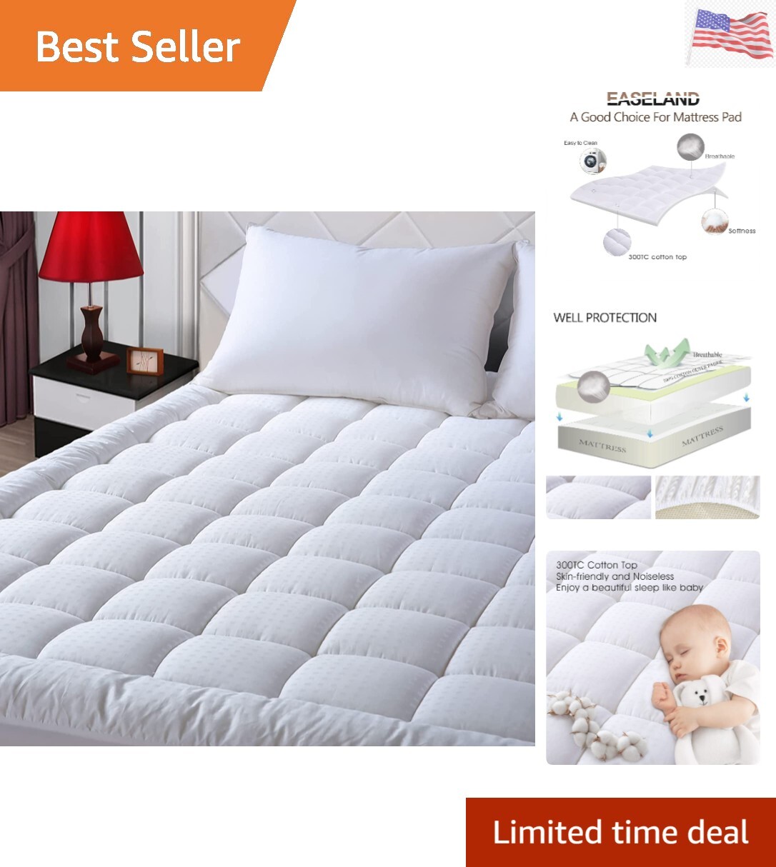 King Size Mattress Pad Pillow Top Mattress Cover Quilted Fitted Mattress Prot...