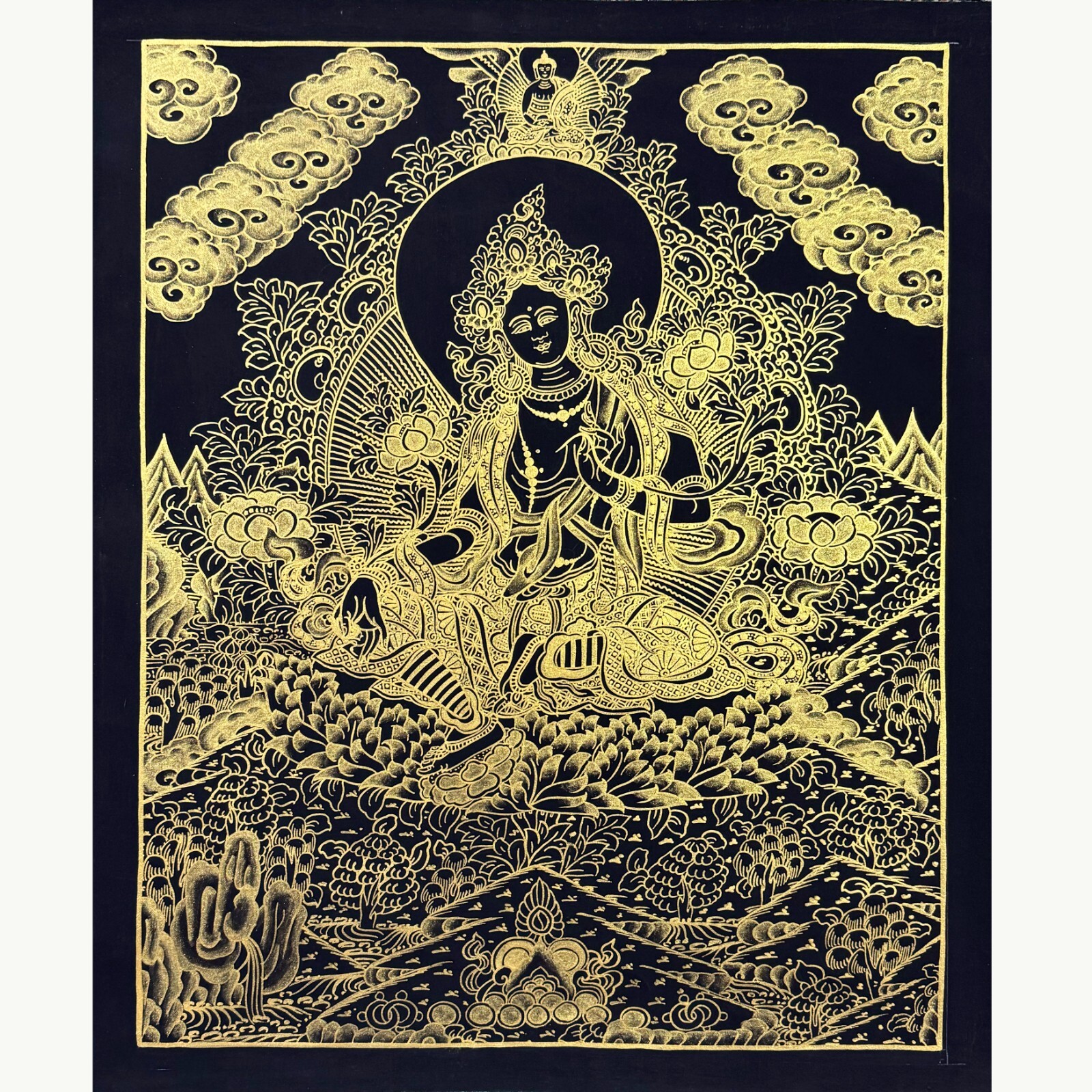 Green Tara Thangka Painting, Handmade Tibetan Art of Dholma