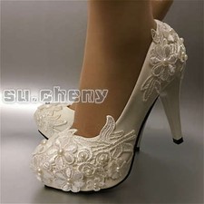 su.cheny 2" 3" 4" heel White ivory pearl lace pumps flats Wedding Bridal shoes