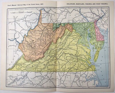 Maryland Delaware Virginia ^& W Va - Original 1907 Railroad Map. Antique