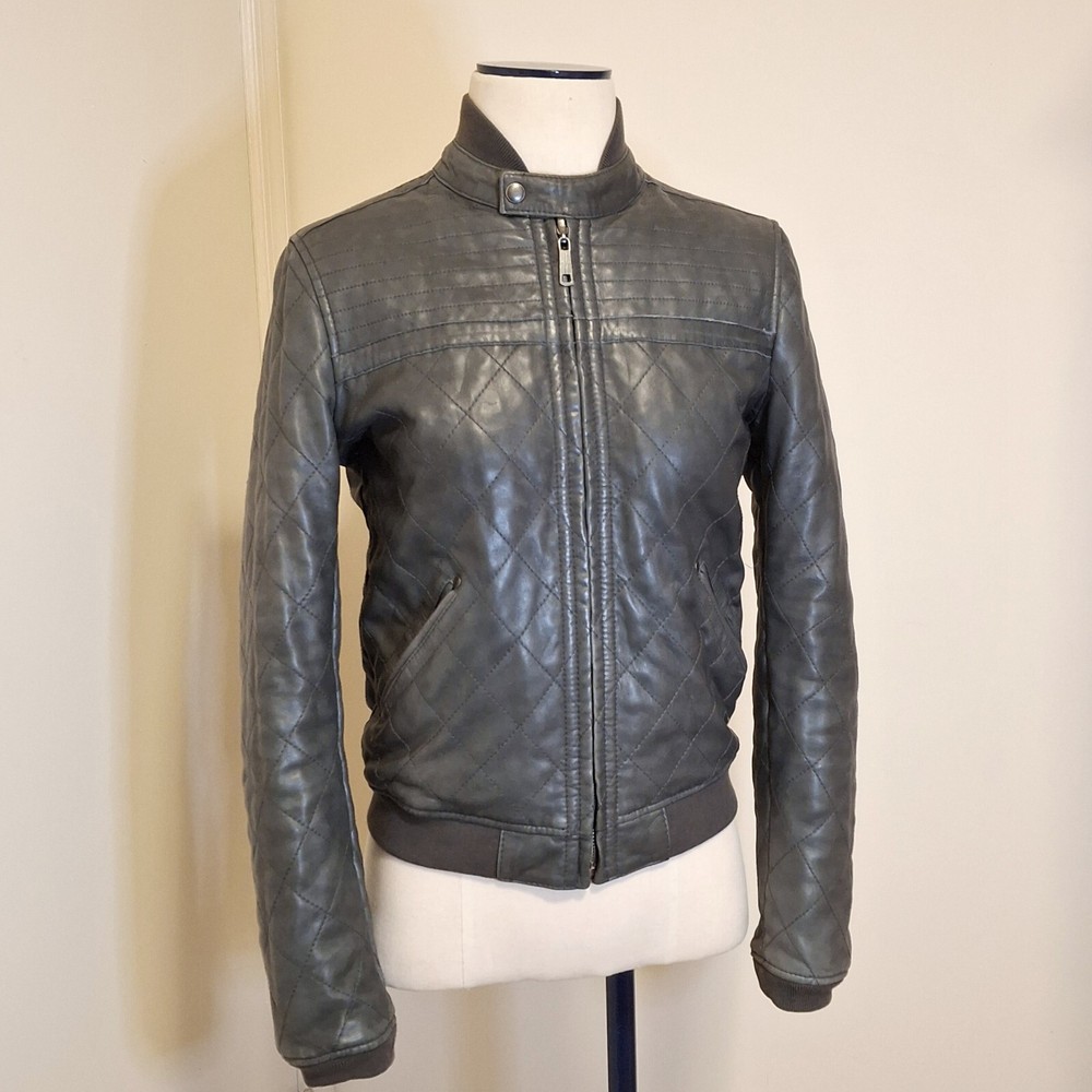 Diesel Vieru Reversible Gray Quilted Leather Moto Bomber Jacket (Small)