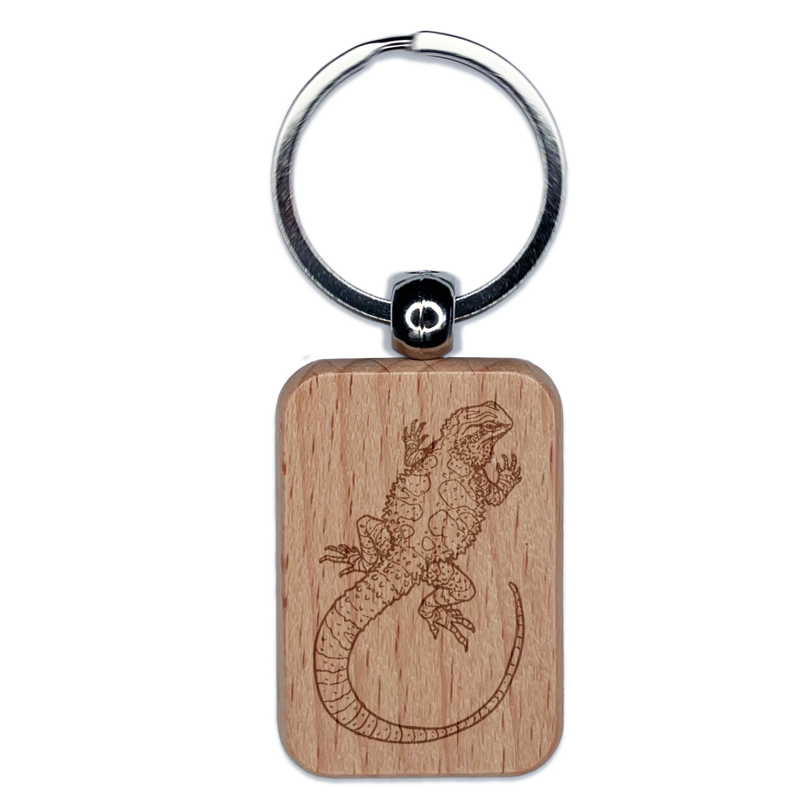 Bearded Dragon Lizard Looking Back Engraved Wood Rectangle Keychain Tag Charm